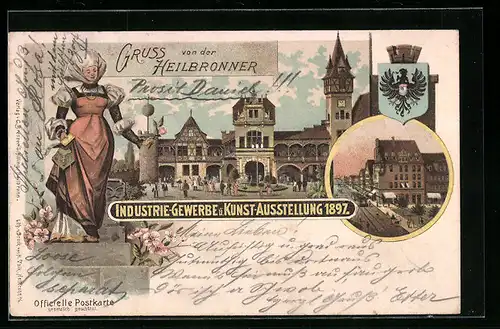 Lithographie Heilbronn, Industrie-Gewerbe u. Kunst-Ausstellung 1897, Burgfräulein, Haupthalle, Wappen