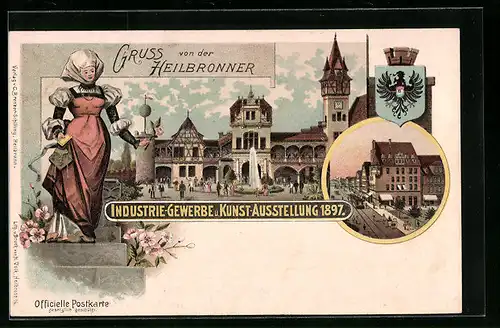 Lithographie Heilbronn, Industrie-Gewerbe u. Kunst-Ausstellung 1897, Haupthalle, Burgfräulein, Wappen