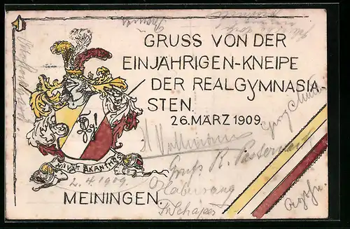 AK Meiningen, Gruss von der Einjährigen-Kneipe der Realgymnasiasten 1909, Studentenwappen