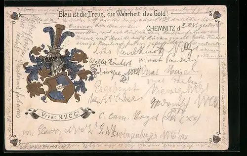 Lithographie Chemnitz, Blau ist die Treue, die Wahrheit das Gold!, Vivat N.V.C.G.!, Studentenwappen