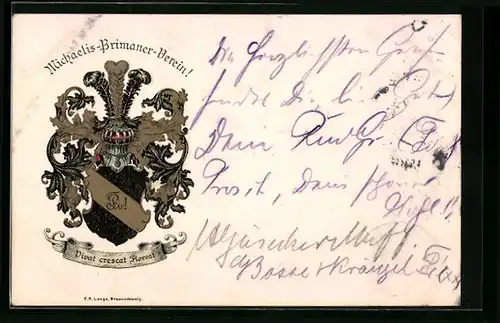 Künstler-AK Michaelis-Primaner-Verein!, Vivat crescat Floreat, Studentenwappen