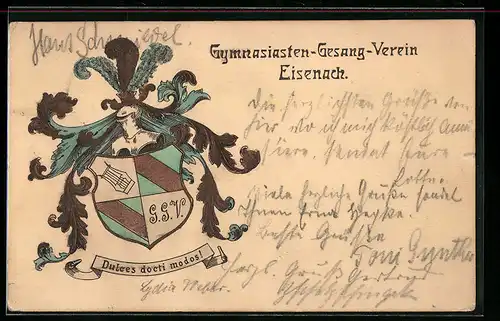 Künstler-AK Eisenach, Gymnasiasten-Gesang-Verein Eisenach, Dulces docti modos!, Studentenwappen