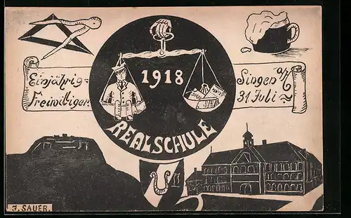 Künstler-AK Singen a. H., Realschule 1918, Einjährig-Freiwilliger, Absolvia