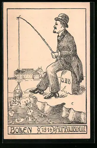 Künstler-AK Bollen, Humboldtschule, 1914, Angler, studentische Szene