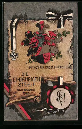 Künstler-AK Steele, Die Einjährigen 1917, Studentenwappen