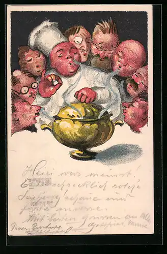 Künstler-AK Luzern, 1. Schweiz. Kochkunstausstellung 1923, Koch und Verköstigte schnuppern am Topf