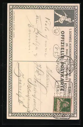 Künstler-AK Luzern, 1. Schweiz. Kochkunstausstellung 1923, Koch und Verköstigte schnuppern am Topf