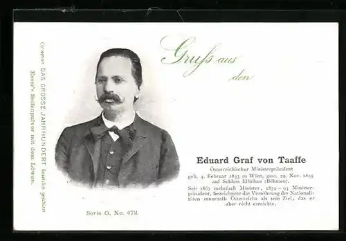AK Portrait Eduard Graf Taaffe, Österr. Ministerpräsident