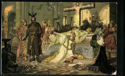 Künstler-AK Kriemhild kniet an der Bahre Siegfrieds, Nibelungen