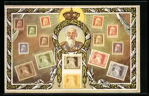 AK Prinzregent Luitpold von Bayern im Portrait mit seinem Gesicht auf Briefmarken
