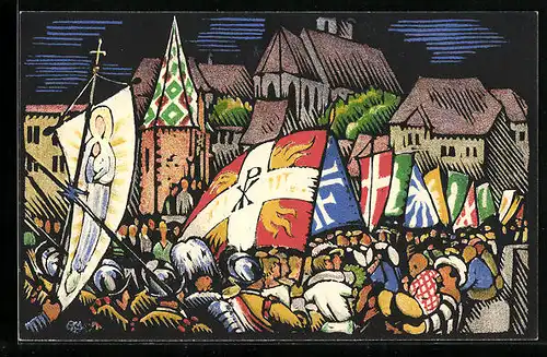 Künstler-AK Basel, VI. Schweizer Katholikentag August 1924, Aufzug mit Fahnen