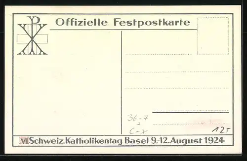 Künstler-AK Basel, VI. Schweizer Katholikentag August 1924, Aufzug mit Fahnen