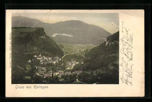 AK Eptingen, Ortsansicht aus der Vogelschau mit Bergblick