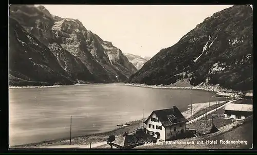 AK Klönthal, Hotel Rodanenberg mit See und Bergen