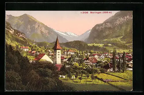 AK Meiringen, Ortsansicht mit Kirche aus der Vogelschau