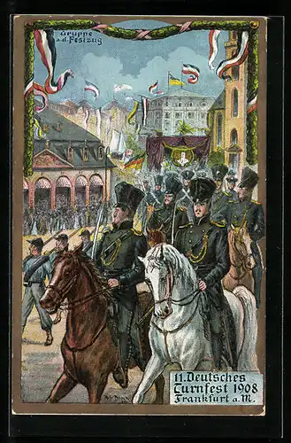 AK Frankfurt a. M., 11. Deutsches Turnfest 1908, Militärparade in Fahnen geschmückter Stadt