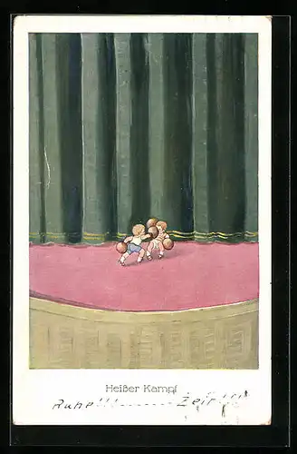 AK Zwei Kinder boxen auf der Bühne, Heisser Kampf