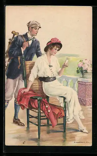 AK Frau und Golfspieler auf Terrasse
