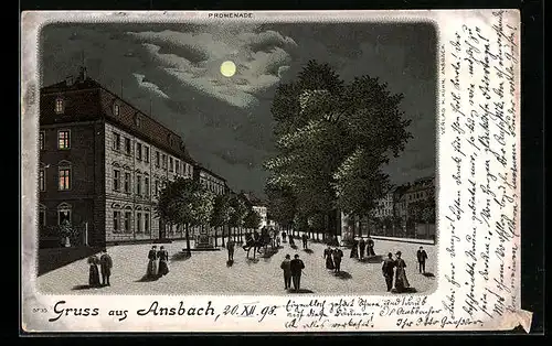 Mondschein-Lithographie Ansbach, Promenade mit Passanten
