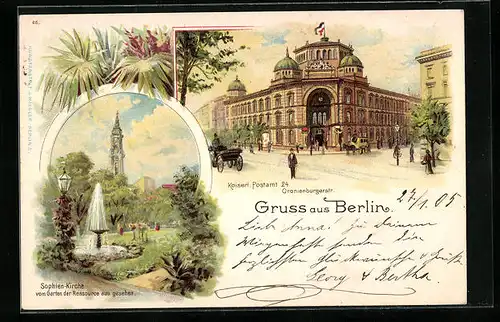 Lithographie Berlin, Postamt in der Oranienburgerstrasse, Sophienkirche vom Garten der Ressource aus
