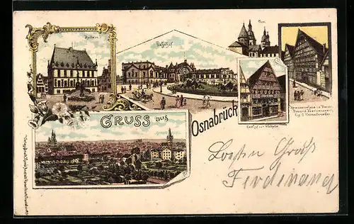 Lithographie Osnabrück, Bahnhof, Ortsansicht, Gasthof zur Walhalla