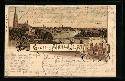 Lithographie Ulm, Ortsansicht mit Münster und Neu-Ulm, Kasernenportal
