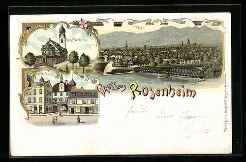 Lithographie Rosenheim, Totalansicht, Pfarrkirche, Ortspartie mit Mitter-Thor