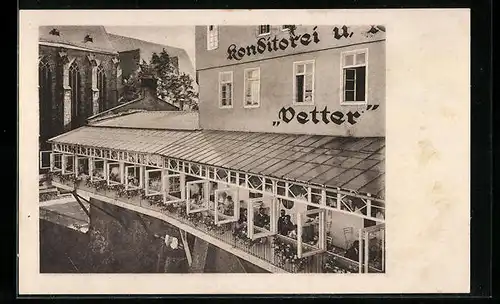 AK Marburg, Konditorei-Cafe Vetters, Terrasse mit Gästen