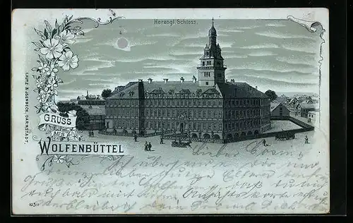 Mondschein-Lithographie Wolfenbüttel, Partie am Herzogl. Schloss