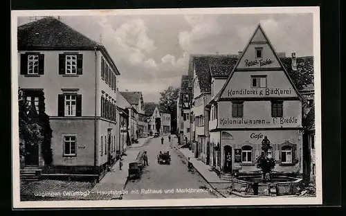 AK Güglingen, Hauptstrasse mit Rathaus und Cafe Breckle