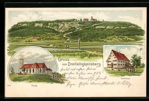 Lithographie Spaichingen, Dreifaltigkeitsberg, Kirche und Gasthaus