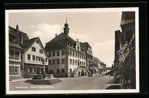 AK Neckarsulm, Partie beim Rathaus, Carl Pecoroni Seifenfabrik