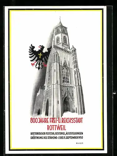 AK Rottweil, Festpostkarte 800 Jahre Frei- u. Reichsstadt 1950, Wappen, Kirche