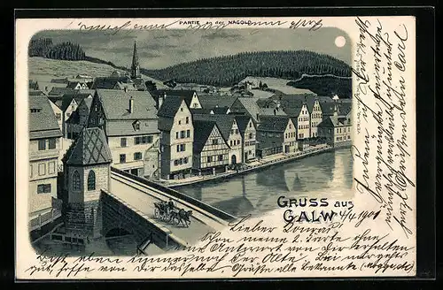 Lithographie Calw, Partie an der Nagold mit Brücke