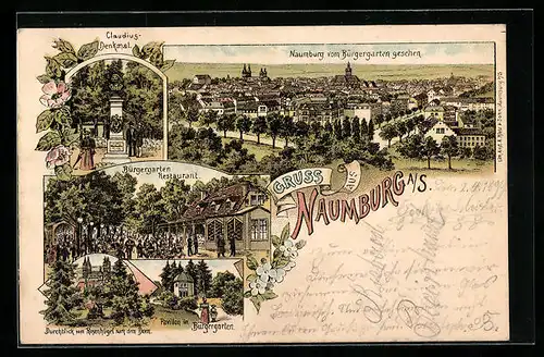 Lithographie Naumburg a. S., Restaurant Bürgergarten, Pavillon, Durchblick vom Rosenhügel nach dem Dom