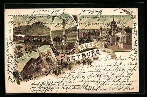 Lithographie Freyburg a. Unstrut, Sektkellerei, Erinnerungs-Turnhalle, Jahnbau und Schloss