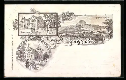 Künstler-AK Hohenstaufen, Restaurant z. Hohenstaufen, Kirche und Friedhof, Panorama