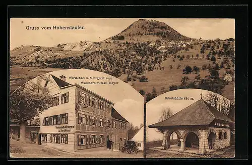 AK Hohenstaufen, Gasthaus und Metzgerei zum Waldhorn, Schutzhütte, Panorama