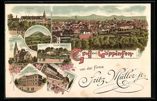 Lithographie Göppingen, Schloss, Latein- & Realschule, Sauerbrunnen