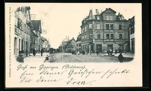 AK Göppingen, Poststrasse mit Gasthaus zum goldenen Rad und Mode-Geschäft