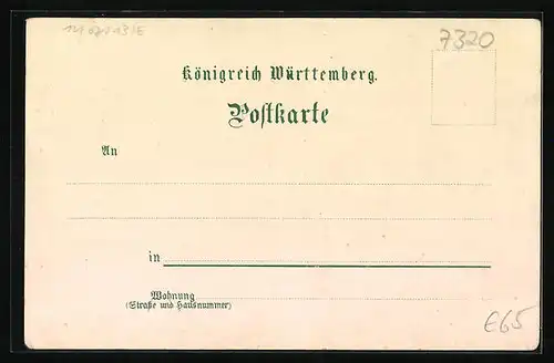 Lithographie Göppingen, Neues Schulgebäude, Bahnhof, Sauerbrunnen, Firma Fritz Müller jr.