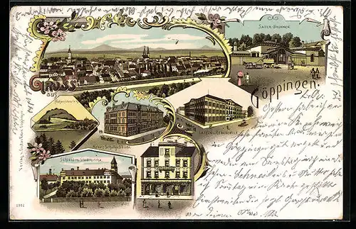 Lithographie Göppingen, Strassenpartie mit Geschäft, Schloss mit Stadtkirche, Neues Schulgebäude