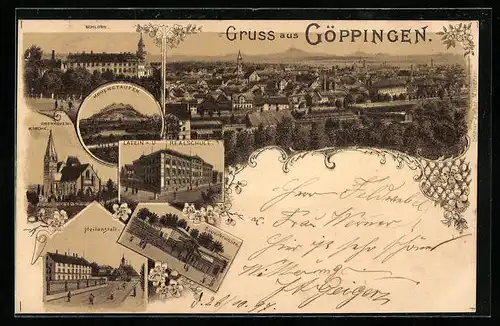 Lithographie Göppingen, Schloss, Heilanstalt, Sauerbrunnen