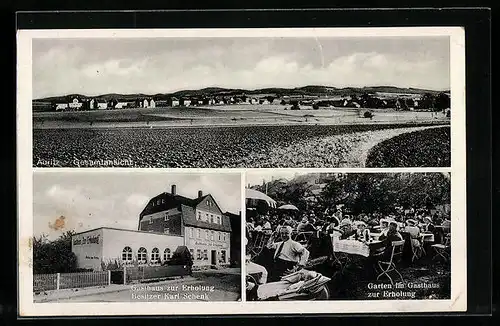 AK Auritz b. Bautzen, Gesamtansicht, Gasthaus zur Erholung, Garten