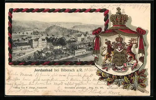 Passepartout-Lithographie Biberach a. R., Jordanbad aus der Vogelschau, Wappen