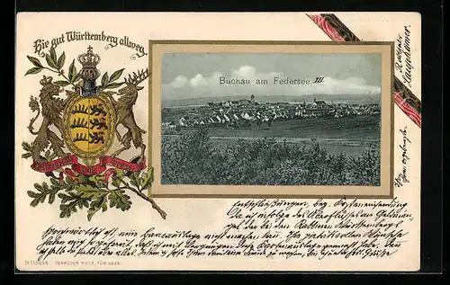 Passepartout-Lithographie Buchau a. Federsee, Ortsansicht, Wappen