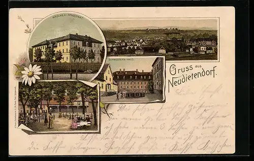 Lithographie Neudietendorf, Mädchen-Pensionat, Gasthofs-Garten, Schwesternhaus