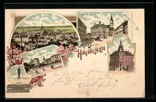 Lithographie Hainichen i. S., Marktplatz, Gellert Denkmal, Postgebäude