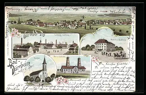 Lithographie Bad Dürrheim, Totalansicht, Ludwig Saline, Kirche, Hotel z. Saline