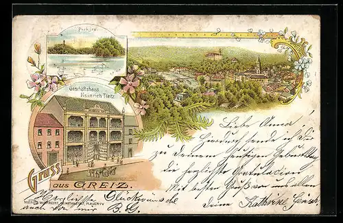 Lithographie Greiz, Geschäftshaus Heinrich Tietz, Parksee